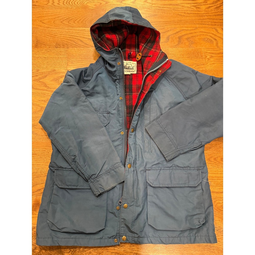 Woolrich Woman Plaid Lined Chore Jacket Blue Vintage Hooded Size Large